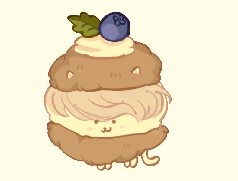 A blueberry-topped cream-puff mascot